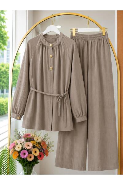 MODA VEDAT Kadın Bel İpli 3 Düğmeli Çilek Kumaş Pantolon Takım -0625