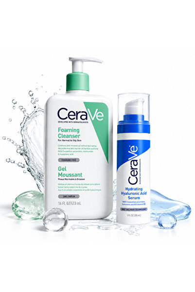 CeraVe مجموعة سيرافي للترطيب والتوازن اليومي | غسول فومينغ + سيروم الهيالورون...