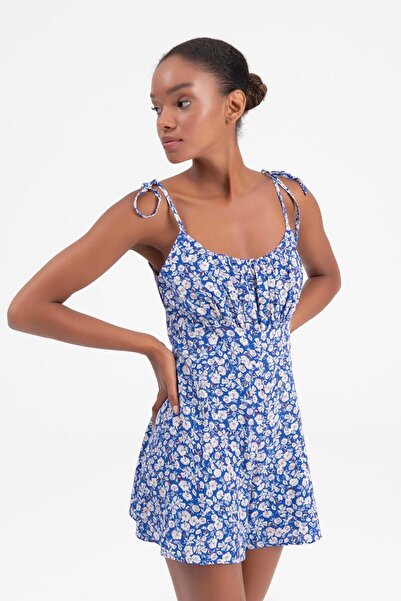 Moda Days Women's Blue Floral Patterned Strappy Mini Shorts Jumpsuit with Ope...