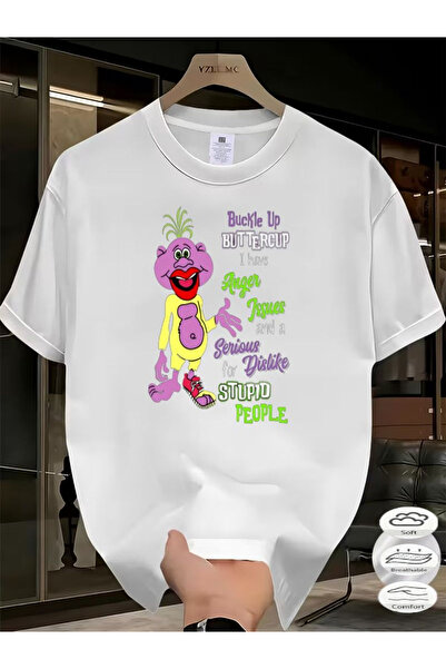 LİNA06 Printed T-shirt with Cartoon Design Featuring a Purple-pink Face, Gree...