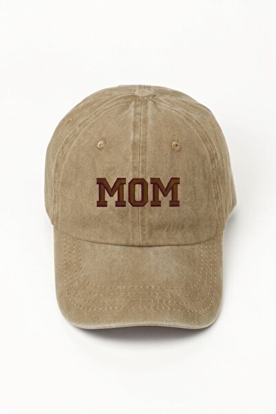 ŞapkaMania Mom Written Beige Washed Fabric Vintage Unisex Sports Hat