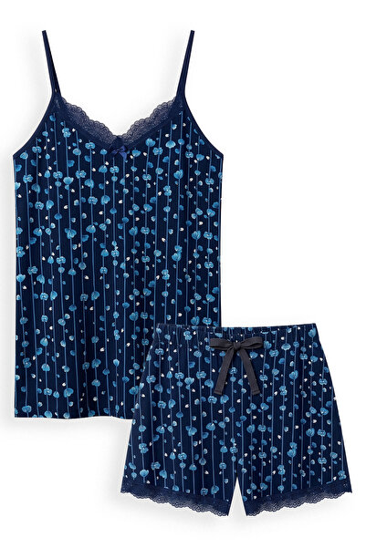 HNX Kadın Desenli Dantel Detaylı İp Askılı Şortlu Pijama Takım