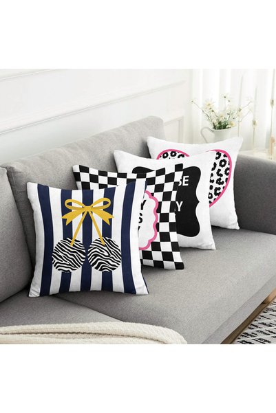 Realhomes Double Sided Suede Happy Vibes Only and Leopard Heart 4-Piece Throw Pillow Cover Set - Checkered and Striped Decorative Pillowcases