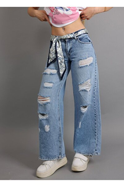 DENİKK Trendy Special Design Low Waist Loose Fit Laser Detail Baggy Denim Jea...