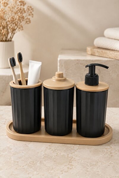 4 Piece Bathroom Set Modern Striped Design | Organized | Cotton Bowl | Organizer | Liquid Soap Dispenser | Toothbrush Holder