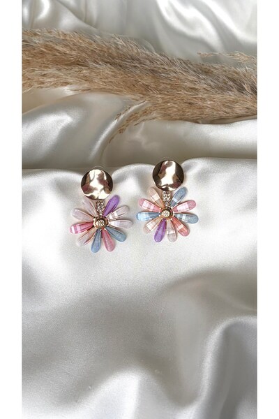Eylülün Takısı Women's Gold Color Stone and Colorful Flower Dangle Earrings