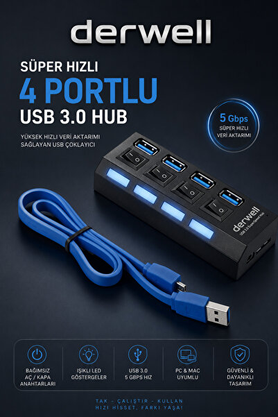 Derwell Süper Hızlı 4 Portlu USB 3.0 Hub Çoklayıcı Çoğaltıcı Adaptör Destekli...