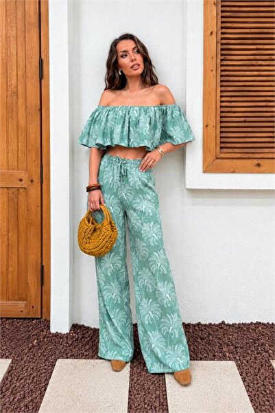 Neşeli Butik ženska plava bluza sa volanima i madonna kragnom, pantalone, dvo...