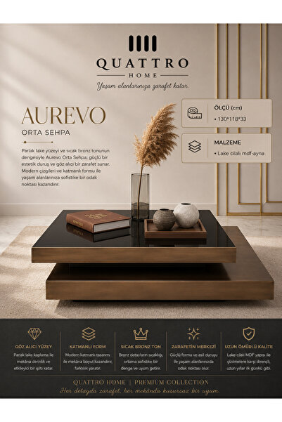 QUATTRO HOME Aurevo Dikdörtgen Orta Sehpa Bronz Lake Cilalı MDF Aynalı 130x11...