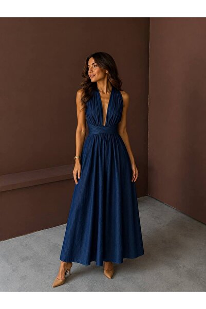 D'RECCY Women's Crossl-Strap Low-Cut Long Stylish Denim Dress