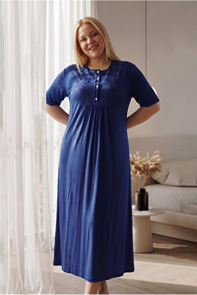 ERDENİZ TEKSTİL Women's Plus Size Lace Detailed Front Half Buttoned Short Sle...