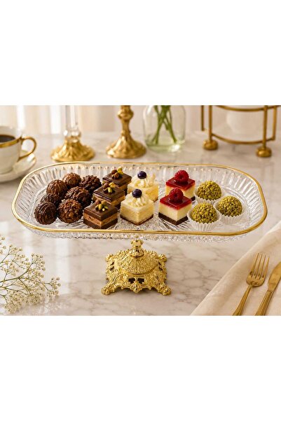 Asi Home GOLD AYAKLI CAM ÇİKOLATALIK&KURABİYELİK SUNUMLUK DEKORATİF SERVİS TE...