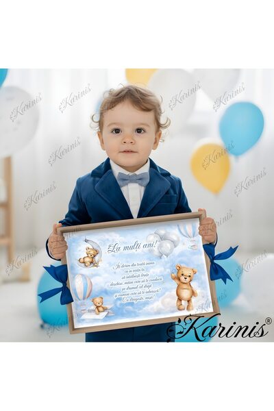 Karinis Set Tava pentru Taiere Mot si Rupere Turta Complet cu Accesorii pentru baieti, 7 Piese, Tavita Mot, Model Model Urs Baloane, 32x24 cm, Prima Aniversare Un An, Cadou Un An, Albastru