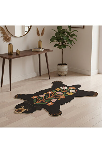 Floral Bear Ayı Şekilli Özel Kesim Dijital Baskılı Kaymaz Taban Halı
