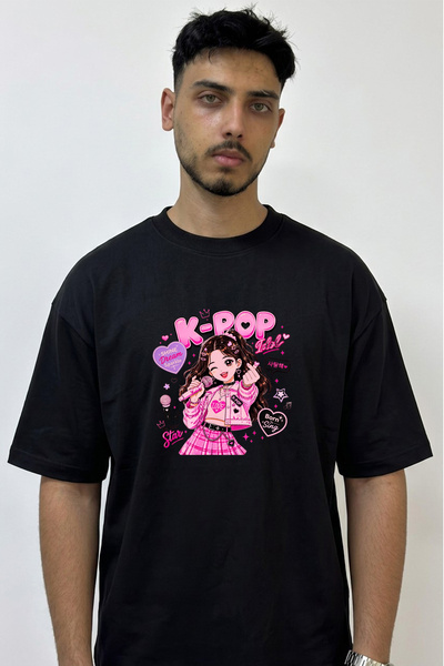 Anetos K Pop Idol Design Printed Oversize Black T-Shirt