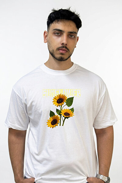 Anetos Sunflower Bloom Design Printed Oversize White T-Shirt