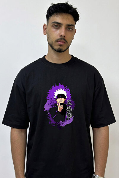Anetos Tricou negru supradimensionat cu imprimeu Gojo Satoru_53