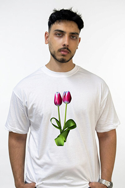 Anetos Pink Tulips Design Printed Oversize White T-Shirt