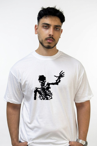 Anetos Black Skeleton Design Printed Oversize White T-Shirt