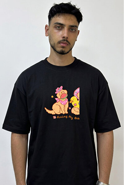 Anetos Golden Retriever Watermelon Design Printed Oversize Black T-Shirt
