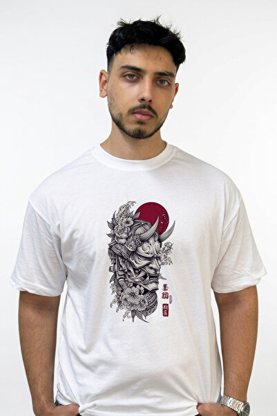 Anetos Samurai Oni Mask Design Printed Oversize White T-Shirt