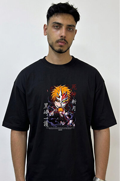 Anetos Bleach Ichigo_1 Design Printed Oversize Black T-Shirt