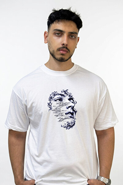 Anetos Engraving Calligraphy Face Design Printed Oversize White T-Shirt