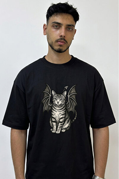 Anetos Devil Cat Design Printed Oversize Black T-Shirt