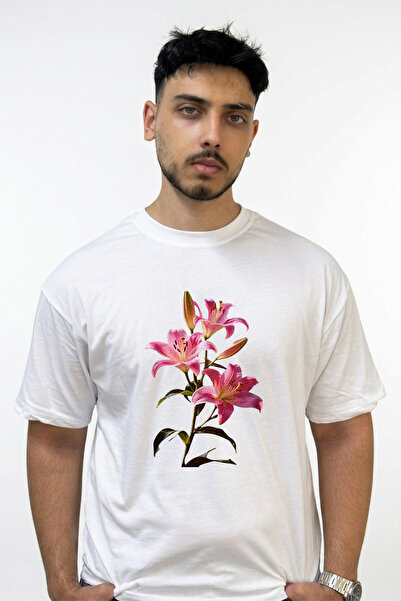 Anetos Λευκό μπλουζάκι με σχέδιο Pink Lily_2 και στάμπα, σε μεγάλο μέγεθος