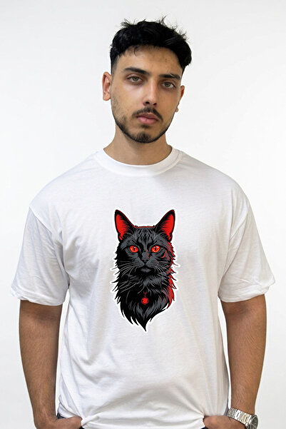 Anetos Red-Eyed Cat Design Printed Oversize White T-Shirt