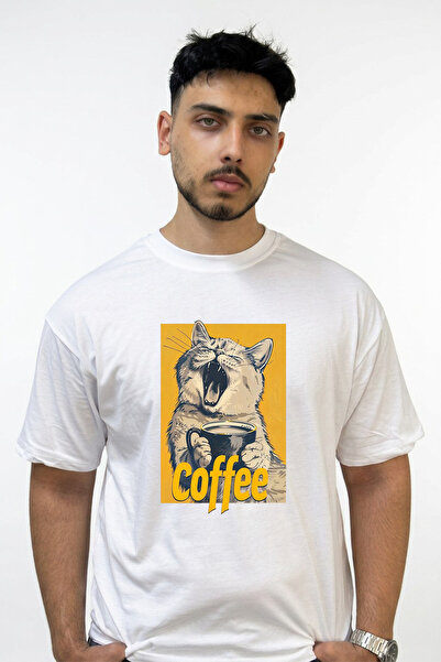 Anetos Yawning Cat Coffee Design Printed Oversize White T-Shirt