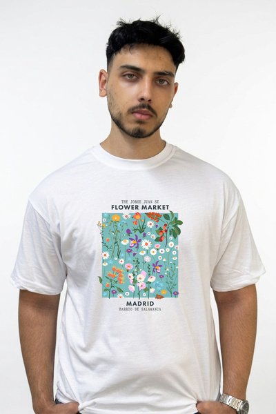 Anetos Floral Illustration Design Printed Oversize White T-Shirt