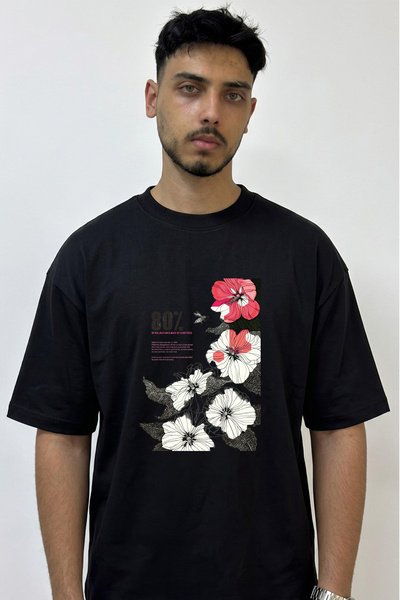 Anetos Bee Hibiscus Design Printed Oversize Black T-Shirt