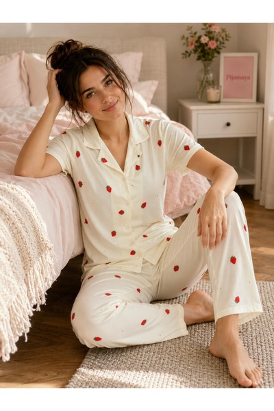 Pijamaya Ultra Yumuşak Dokulu Pamuklu Düğmeli Pijama Takımı - Sarı