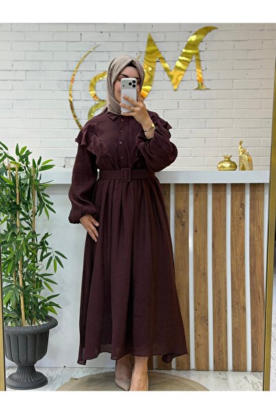 Meryemce Butik KEMERLİ UÇUŞ UÇUŞ VUAL KUMAŞ ZARİF ELBISE (normal kalıp )