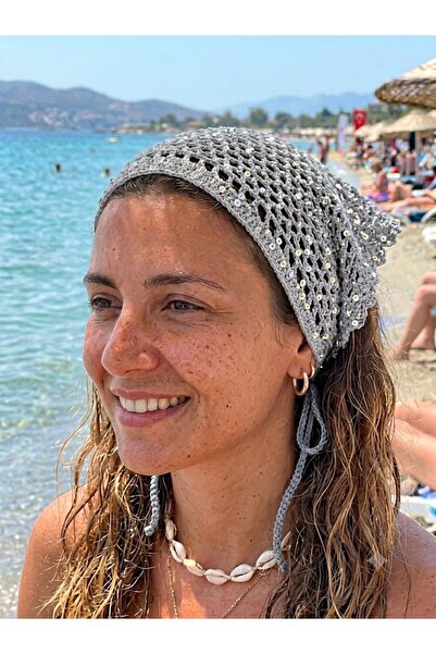 MOJOMIX Dikişsiz El Örgüsü Gri Renk Payetli Bandana