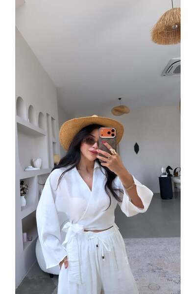 Buket Teke White Silk Fabric Double Breasted Shirt Blouse