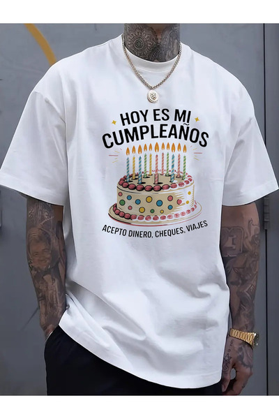 NOURAM Men's Black Cake with Candles Text T-Shirt - "Feliz Cumple" Spanish Ph...