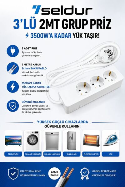 SELDUR 3'LÜ 2MT KABLOLU GRUP PRİZ - 3500W KAPASİTE BAKIR KABLOLU