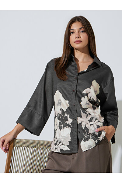 Styli Charcoal Floral Print 3/4 Sleeve Shirt