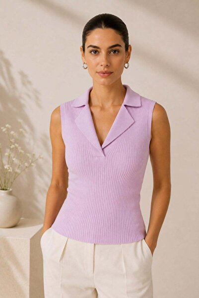 Ferraro Lilac Sleeveless Polo Neck Ribbed Viscose Women's Knitwear Blouse