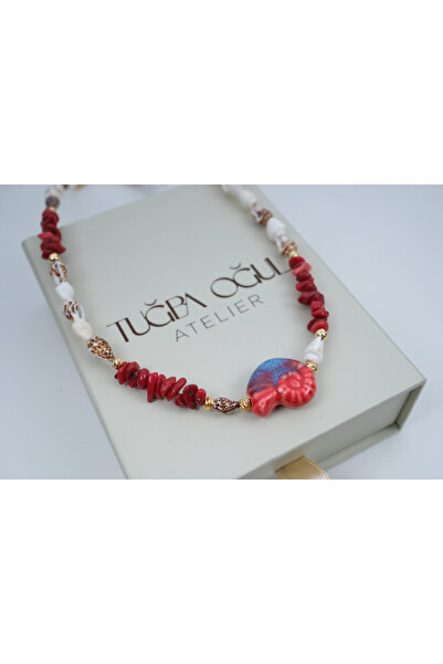 ATELİER TUĞBA Ykl101 Coral Stone Heart Necklace