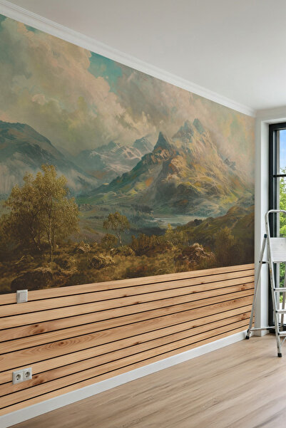 dreamwall Dağ Manzaralı Ahşap Panel Desenli Tek Parça Tekstil Duvar Kağıdı