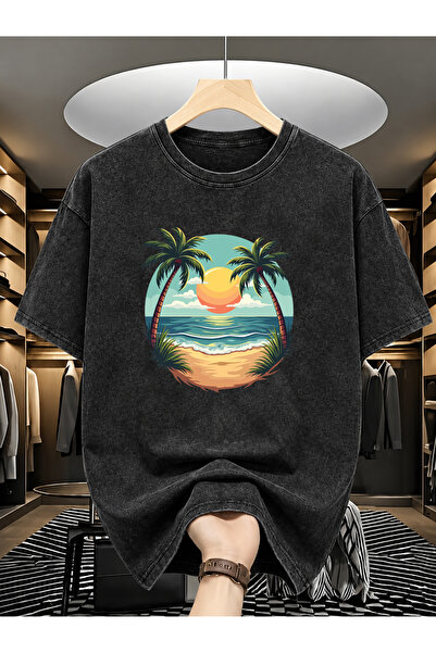 Pink Sky Μπλουζάκι Unisex Oversize με εφέ ξεβαμμένου υφάσματος, Vintage Stree...