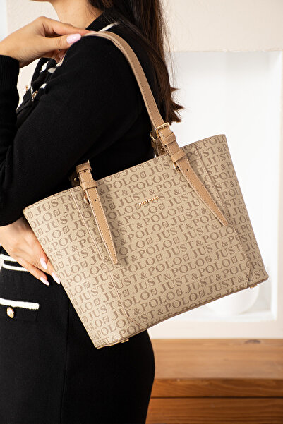 Just Polo Women's Mink Monogram Printed Large Size Women's Hand and Shoulder Bag