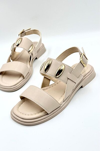 DefHeel'e Comfortable Daily Women's Sandals with Metal Accessory Detail Beige