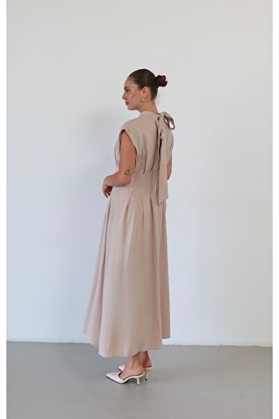 Myra Fashion Dik Yaka Kolsuz Midi Elbise Klasik Günlük Şık Trend Elbise