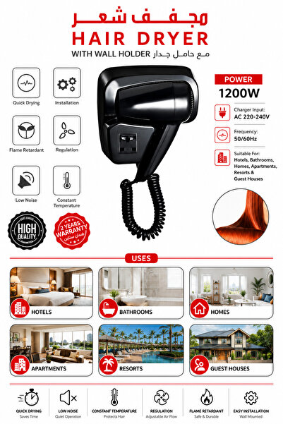 Baytix HOME 1200W Wall Mounted Hair Dryer Hotel Bathroom Hair Dryer with Wall...