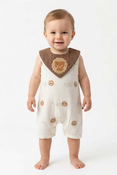 dinamik çocuk Baby boy muslin romper summer strappy cotton lion embroidered p...