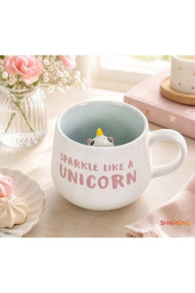 SHOPIENS Cana Ceramica Alba Cu Unicorn 3D In Interior 370ml Model Sparkle Lik...